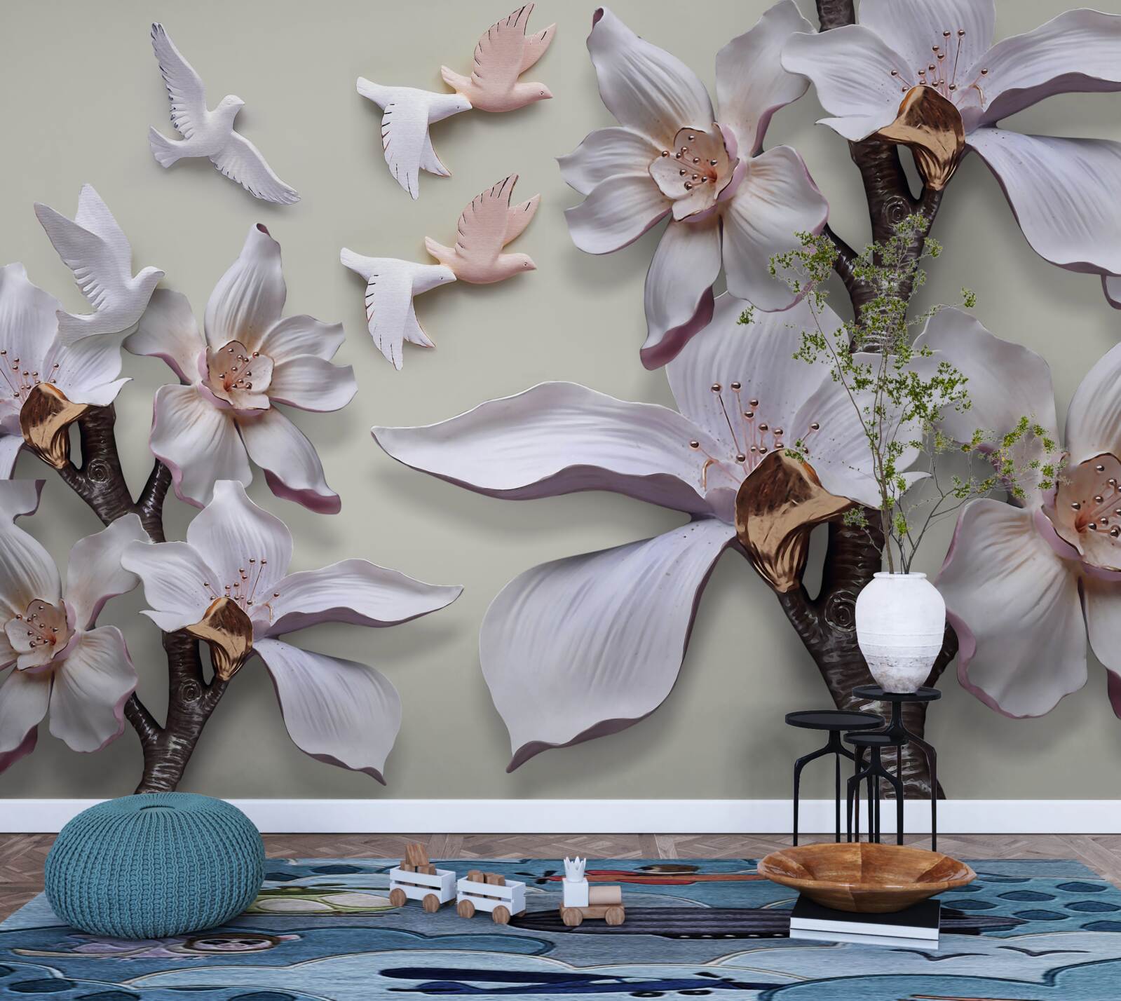 Papier peint Fleurs et oiseaux blancs comme neige