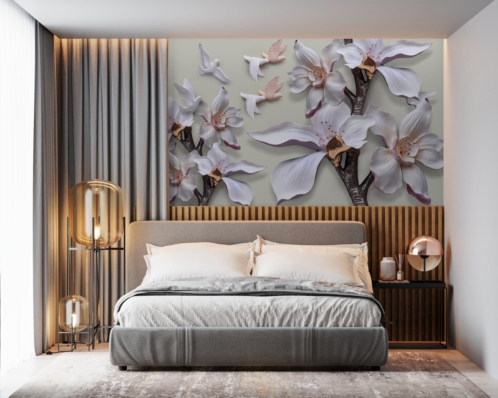 Papier peint Fleurs et oiseaux blancs comme neige