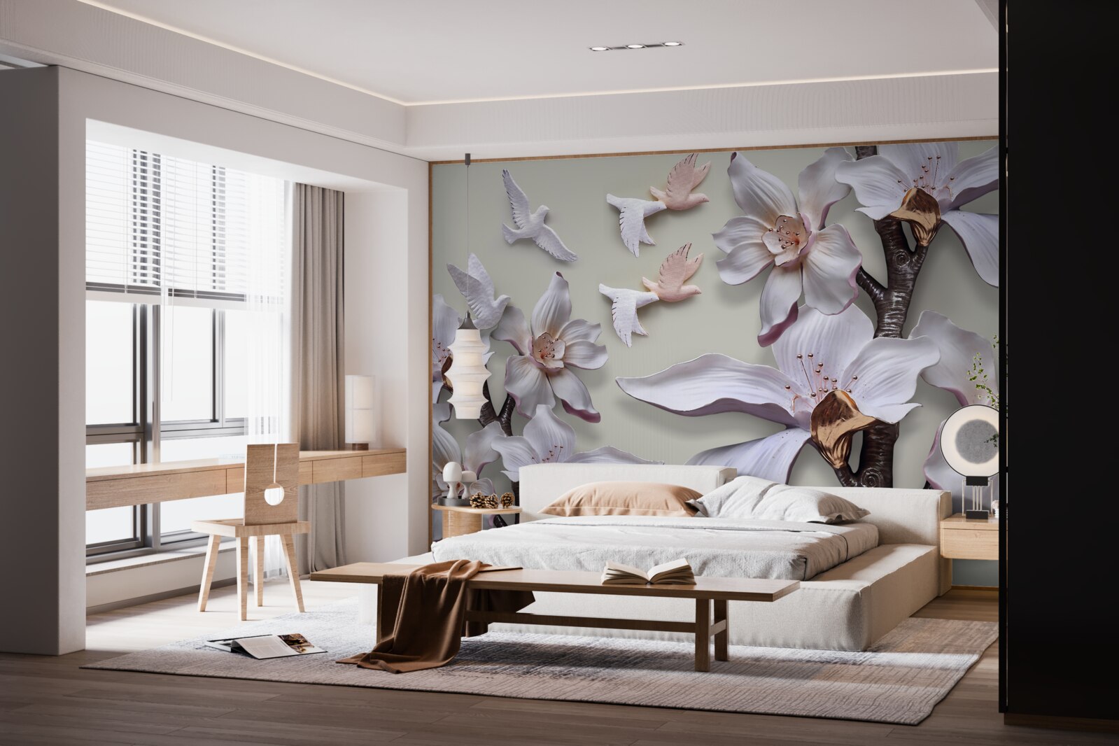 Papier peint Fleurs et oiseaux blancs comme neige