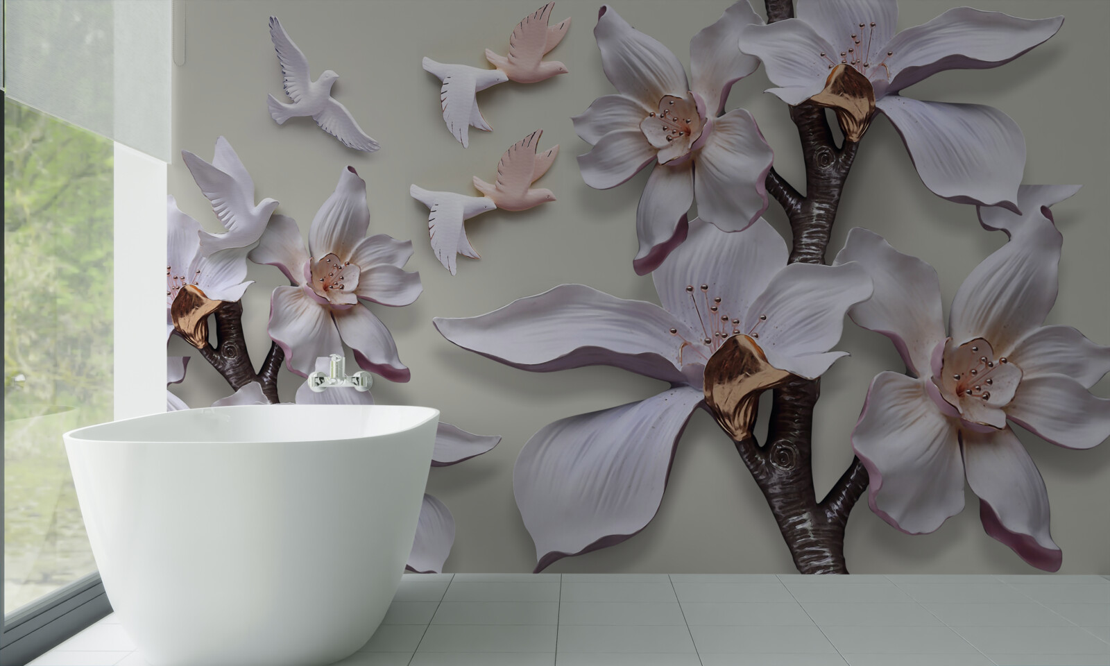 Papier peint Fleurs et oiseaux blancs comme neige