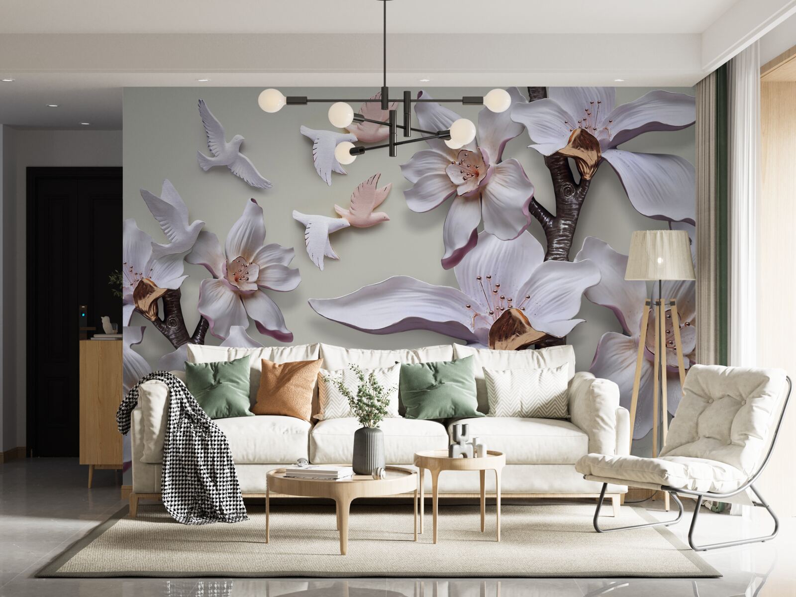 Papier peint Fleurs et oiseaux blancs comme neige