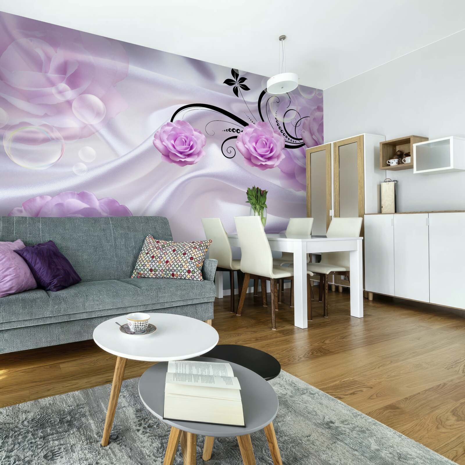 Papier peint roses lilas doux