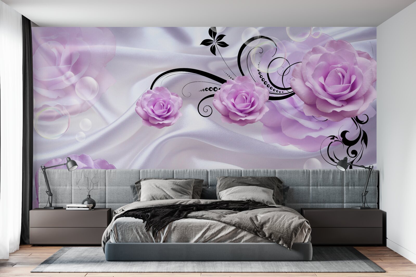 Papier peint roses lilas doux