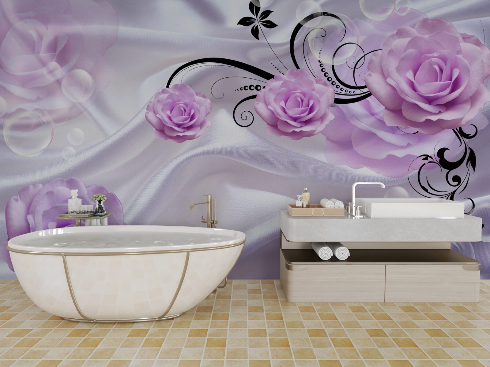 Papier peint roses lilas doux