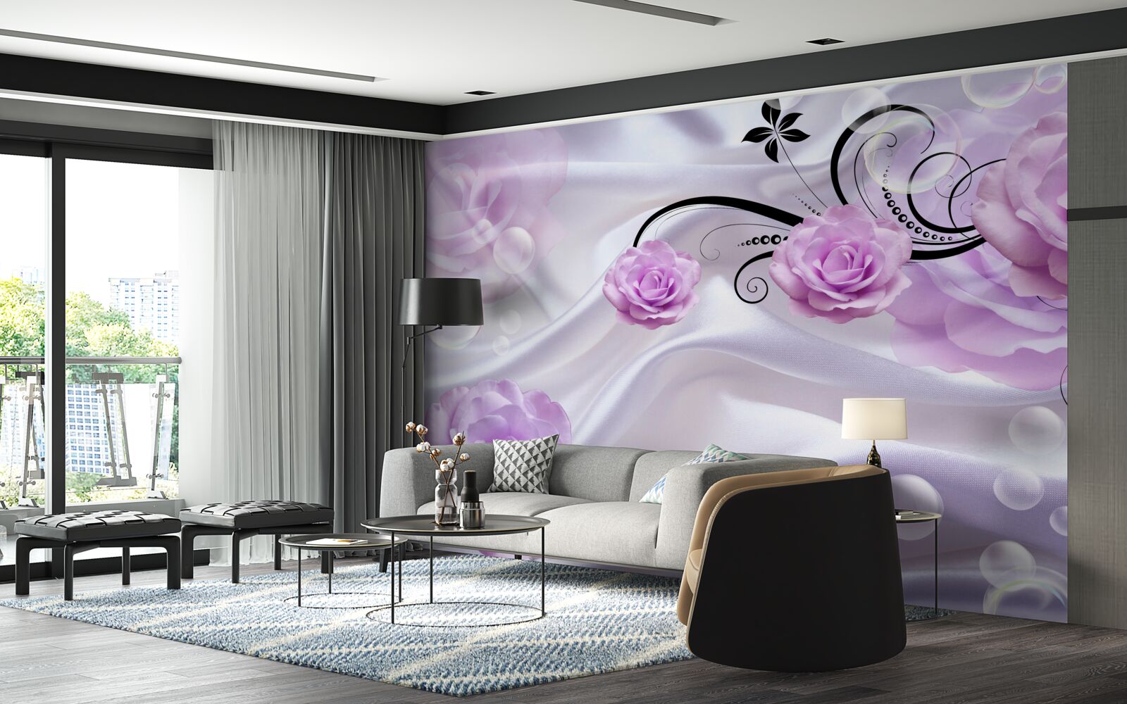 Papier peint roses lilas doux