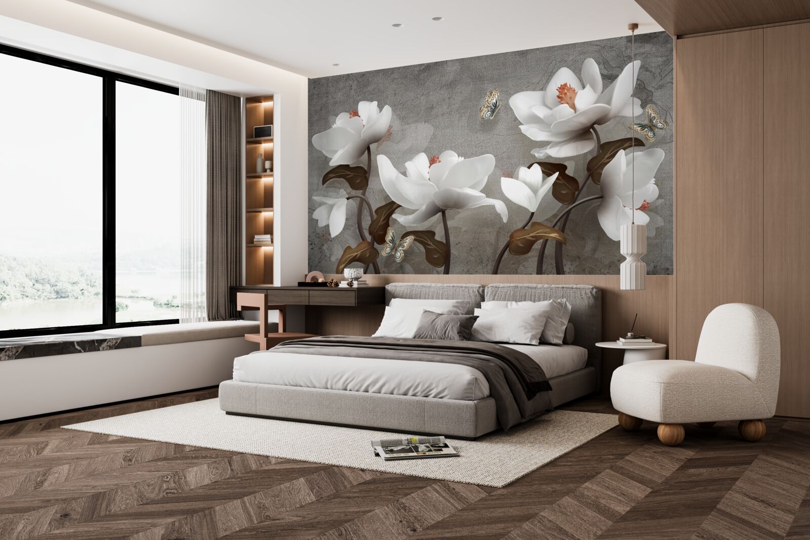 Papier peint Papillon de nuit volant au-dessus des bourgeons blancs comme neige