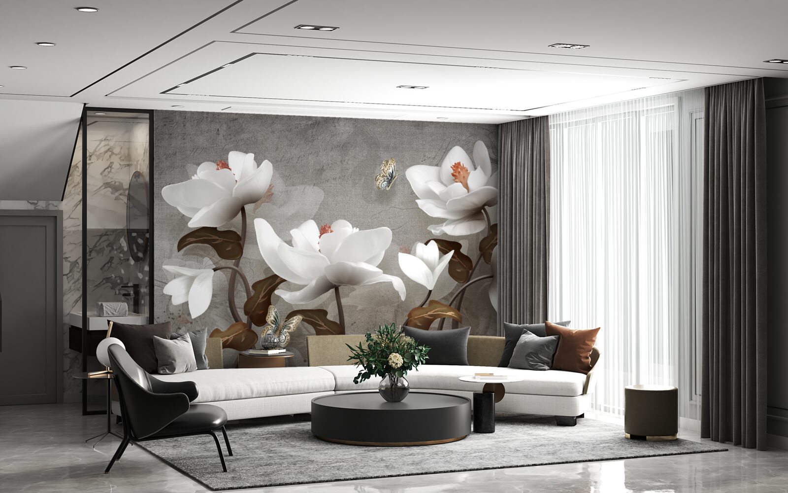 Papier peint Papillon de nuit volant au-dessus des bourgeons blancs comme neige