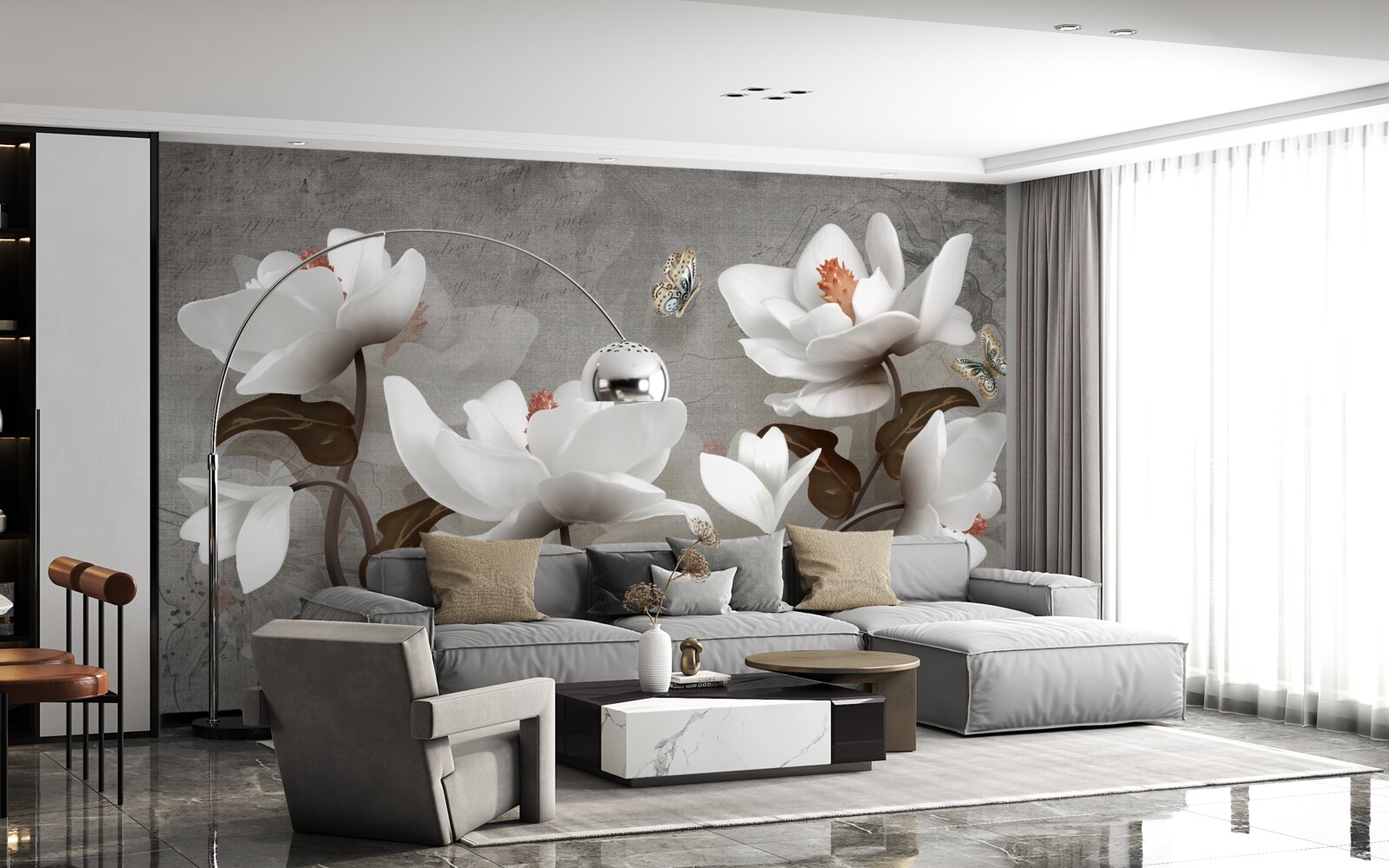 Papier peint Papillon de nuit volant au-dessus des bourgeons blancs comme neige