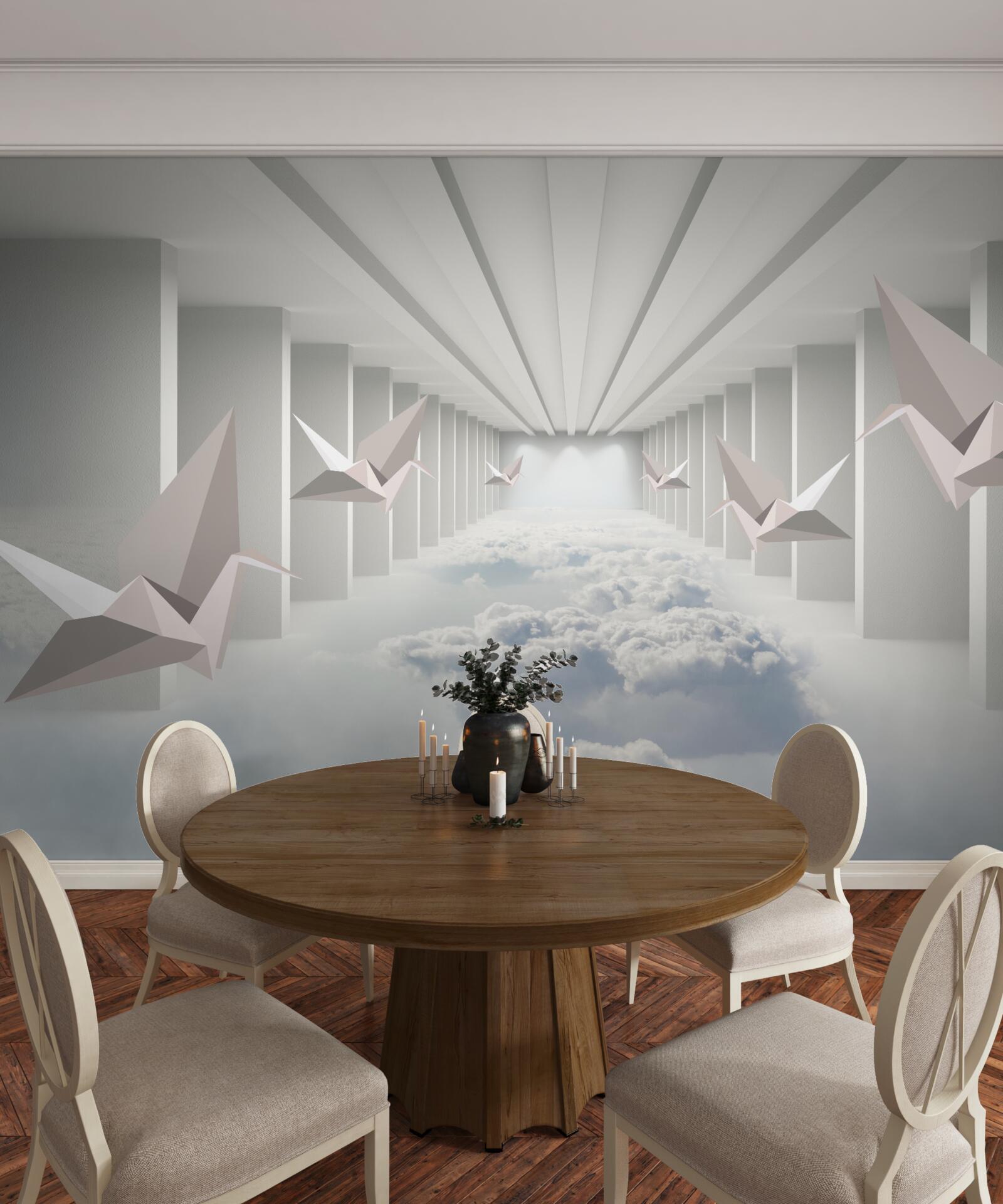 Papier peint géométrie abstraite d'oiseaux dans les nuages