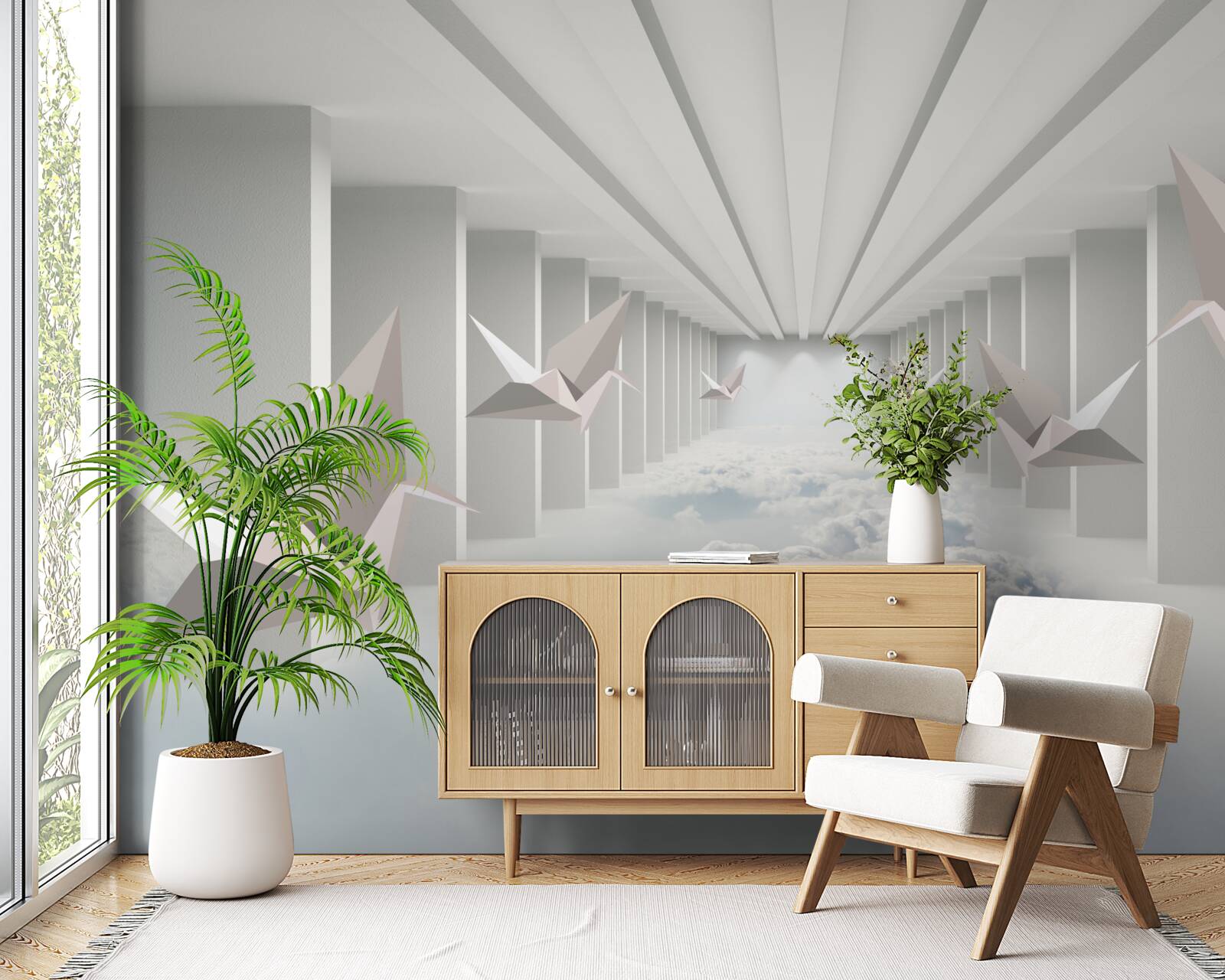 Papier peint géométrie abstraite d'oiseaux dans les nuages