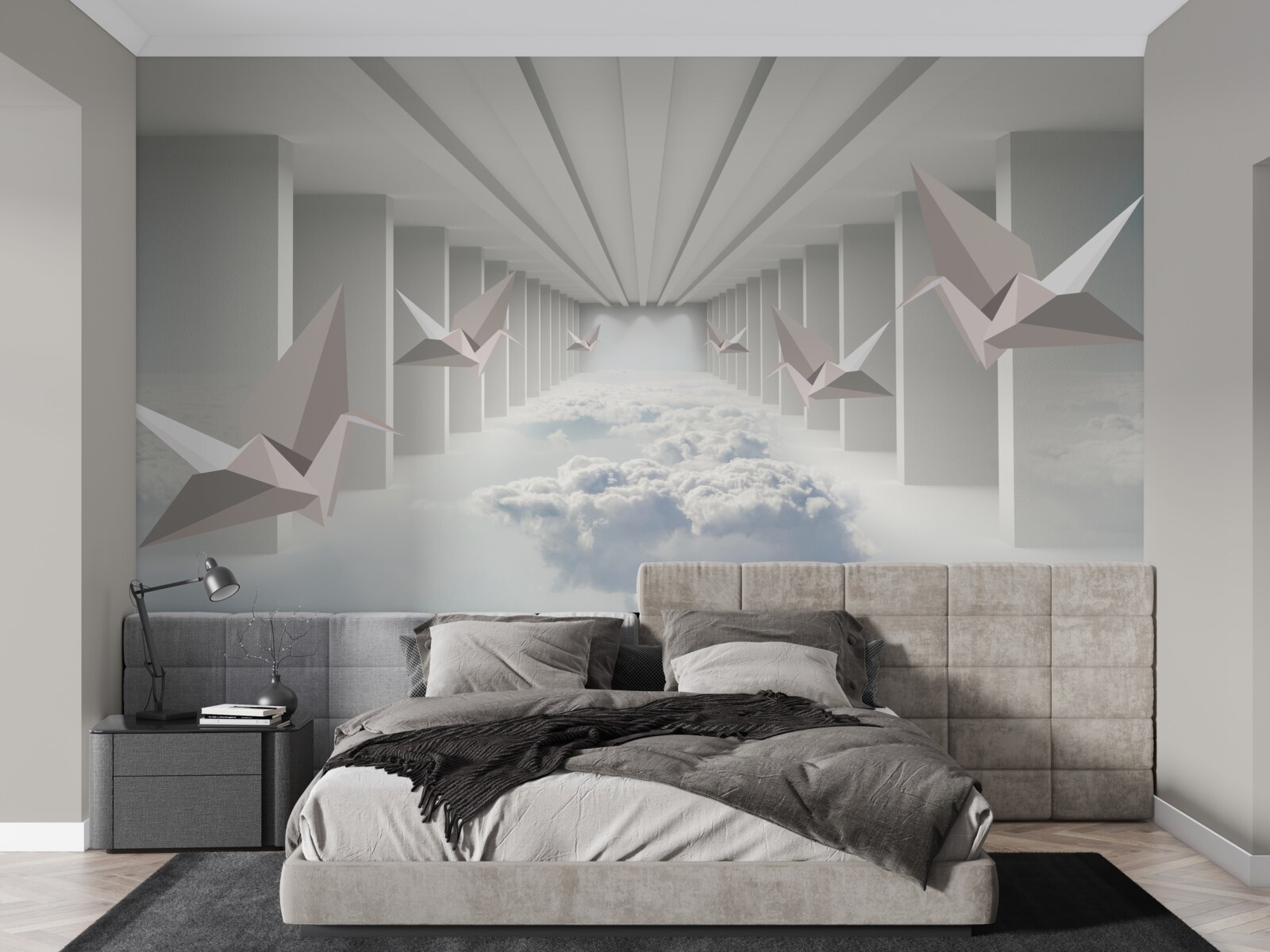 Papier peint géométrie abstraite d'oiseaux dans les nuages