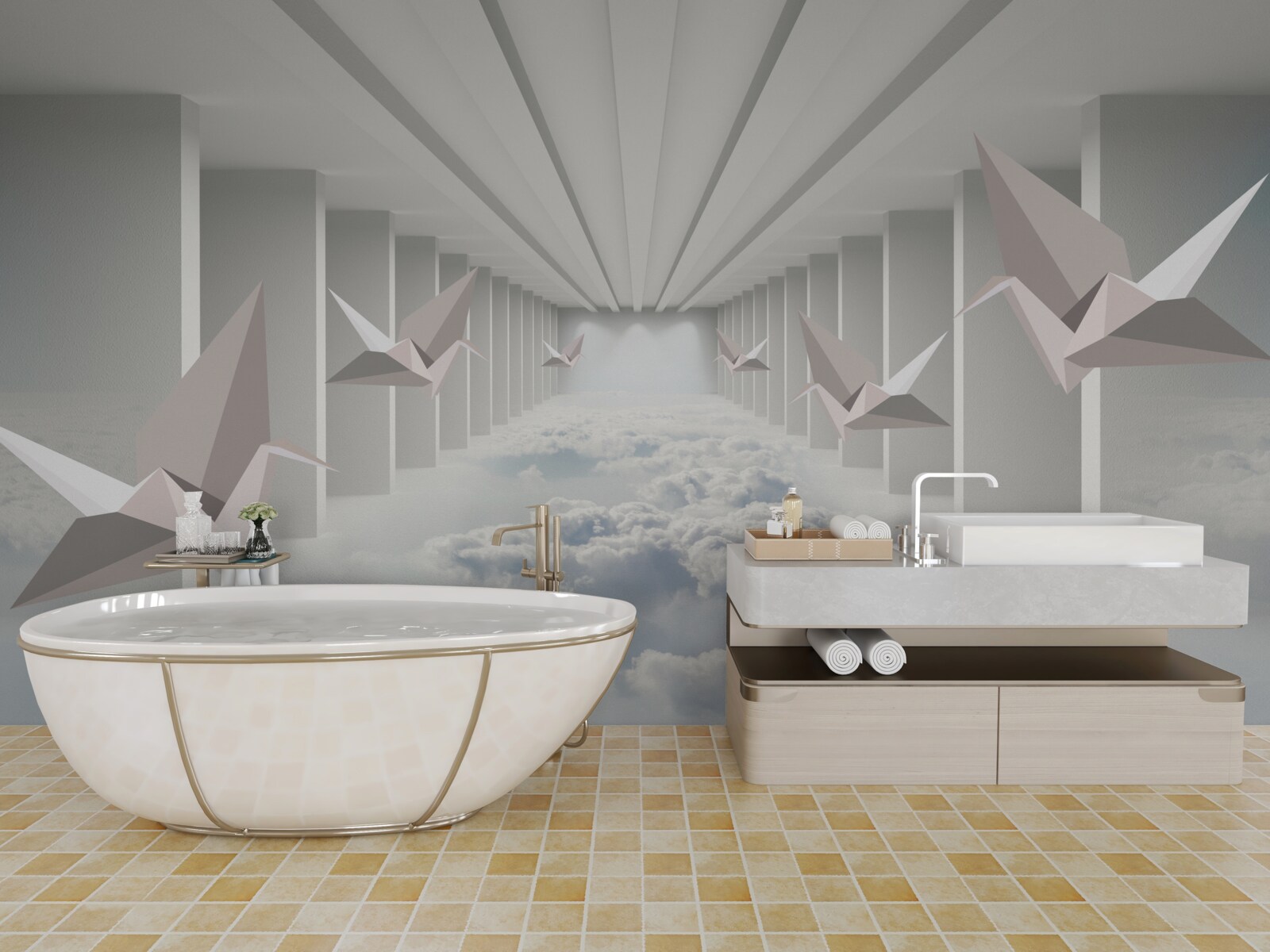 Papier peint géométrie abstraite d'oiseaux dans les nuages