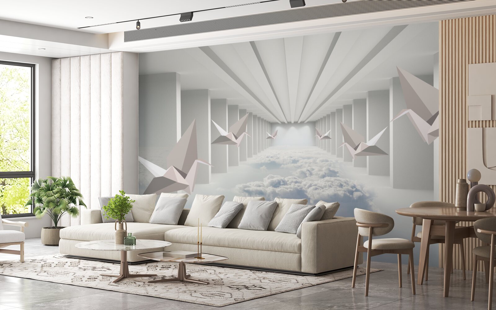 Papier peint géométrie abstraite d'oiseaux dans les nuages