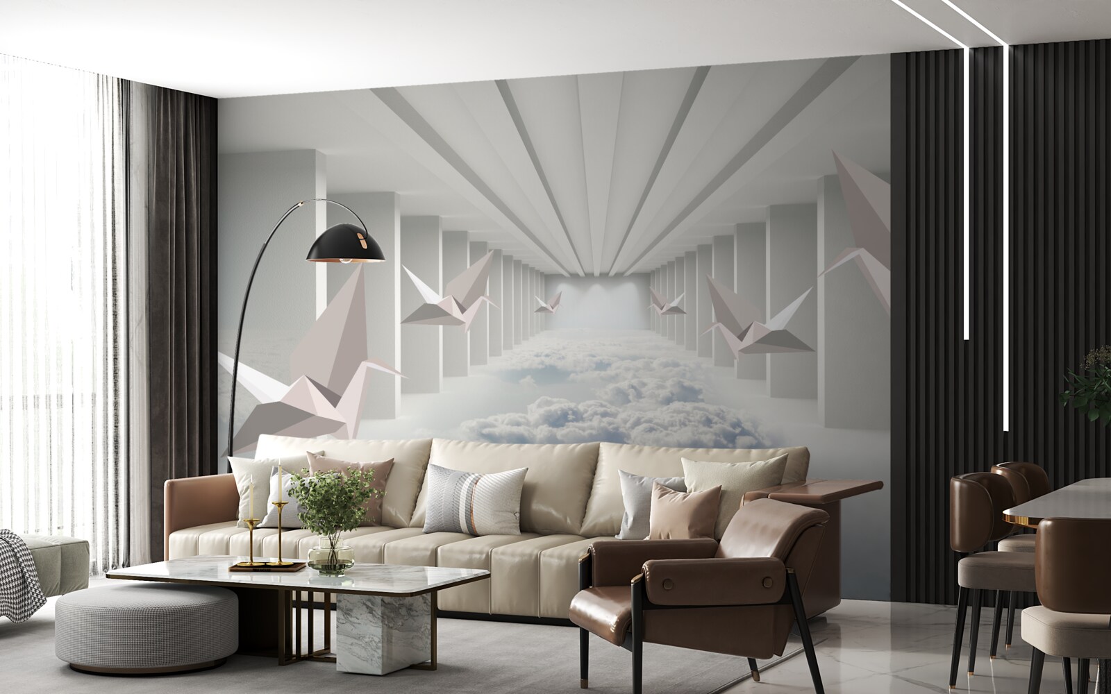 Papier peint géométrie abstraite d'oiseaux dans les nuages