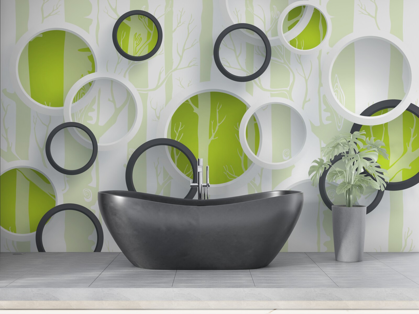 Papier peint images de contours d'arbres dans des cercles noirs et blancs