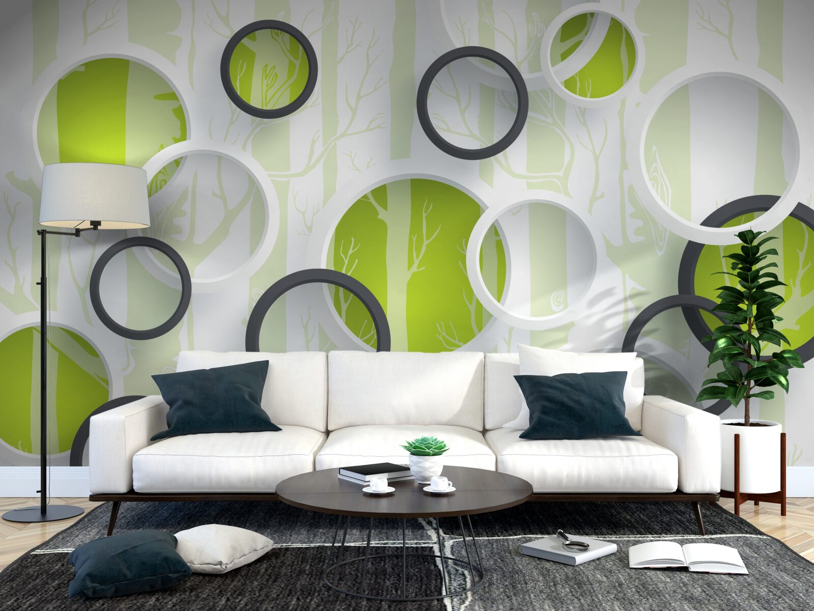 Papier peint images de contours d'arbres dans des cercles noirs et blancs