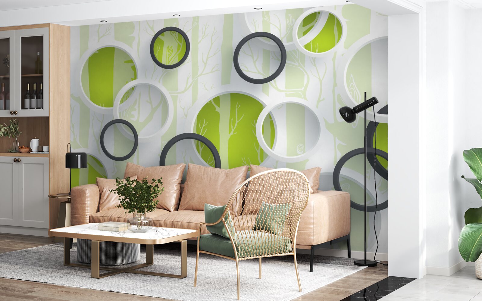 Papier peint images de contours d'arbres dans des cercles noirs et blancs