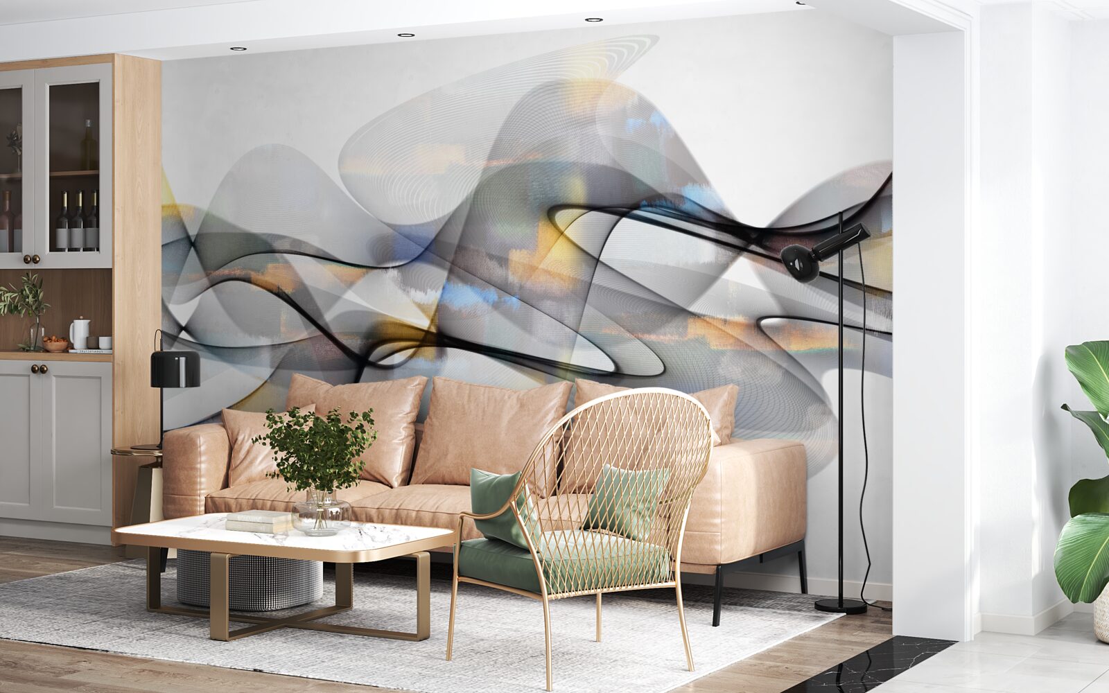 Papier peint Structure de fumée avec des éléments dorés