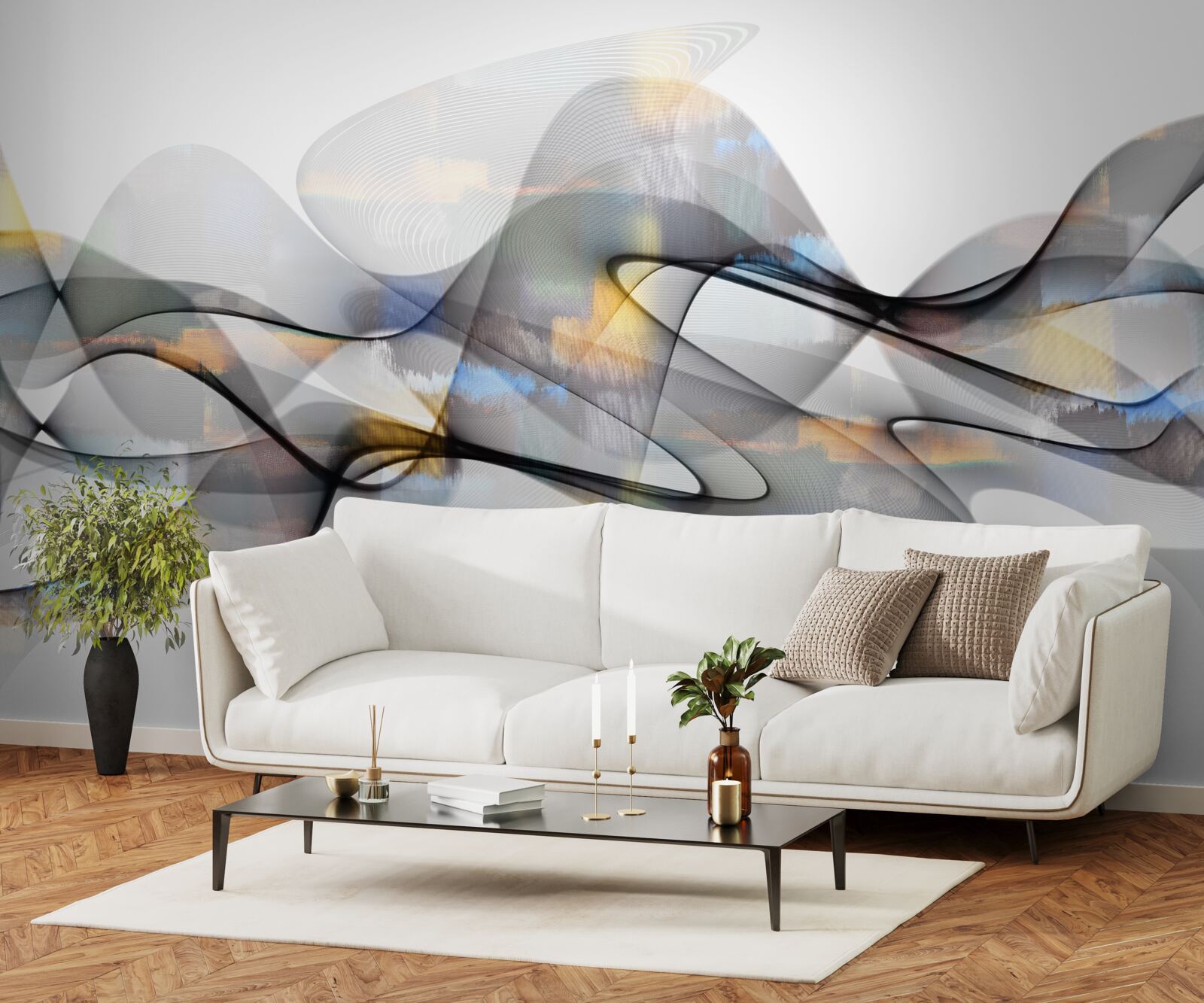 Papier peint Structure de fumée avec des éléments dorés