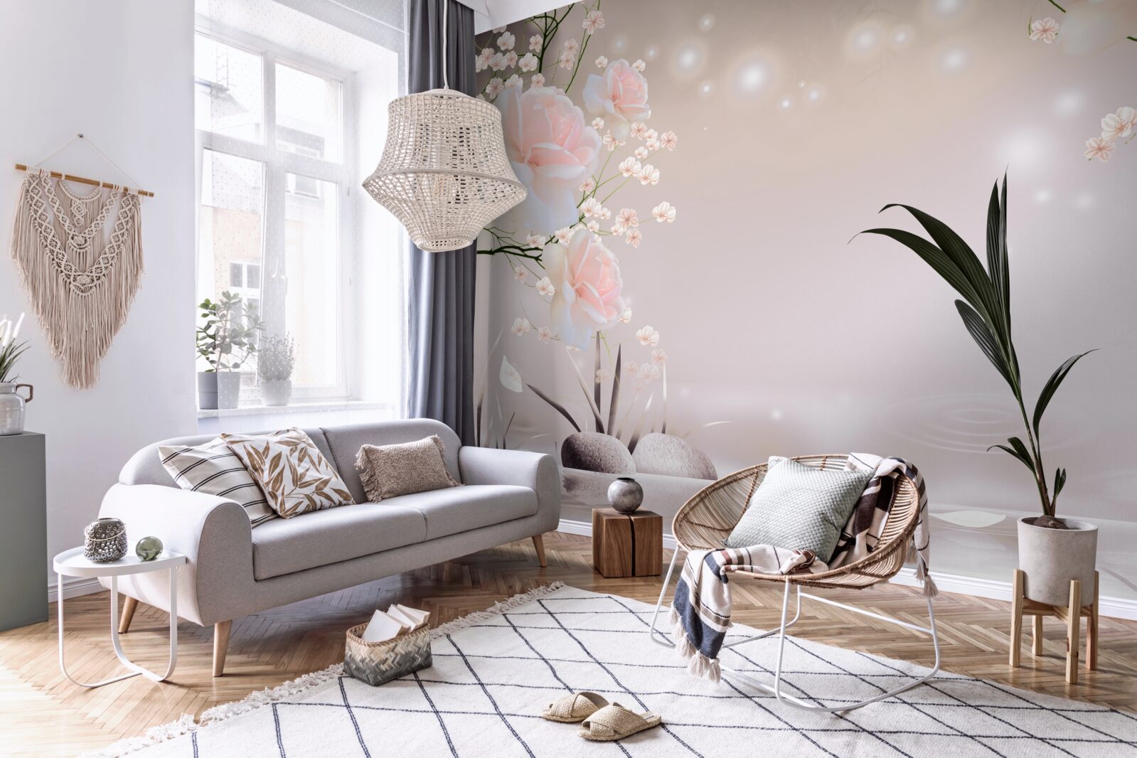 Papier peint rose douce de couleur thé sur les branches