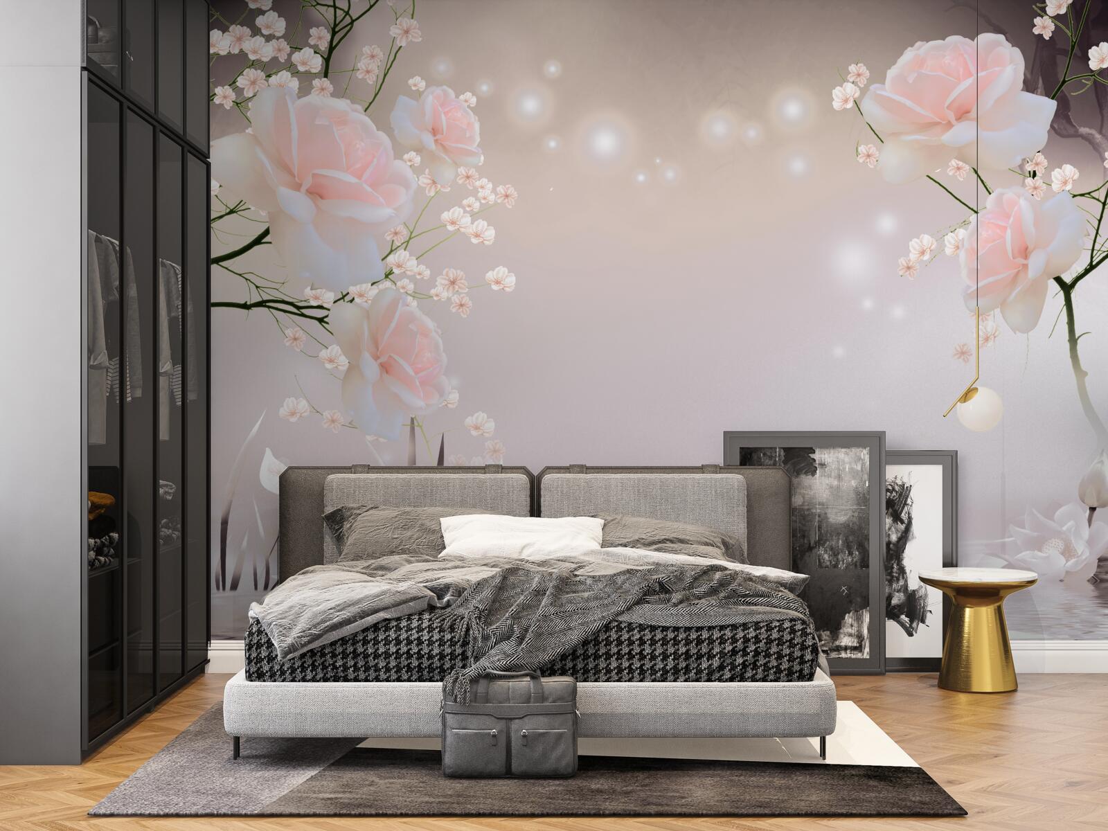 Papier peint rose douce de couleur thé sur les branches