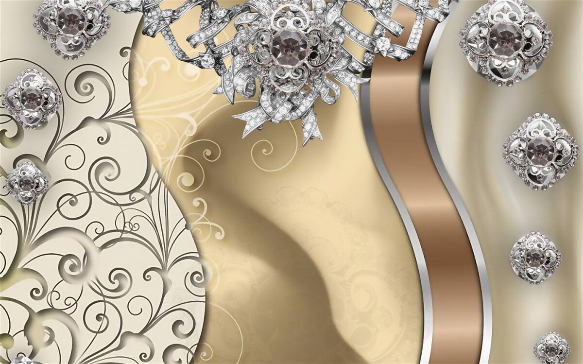 Papier peint fleurs en argent sur or