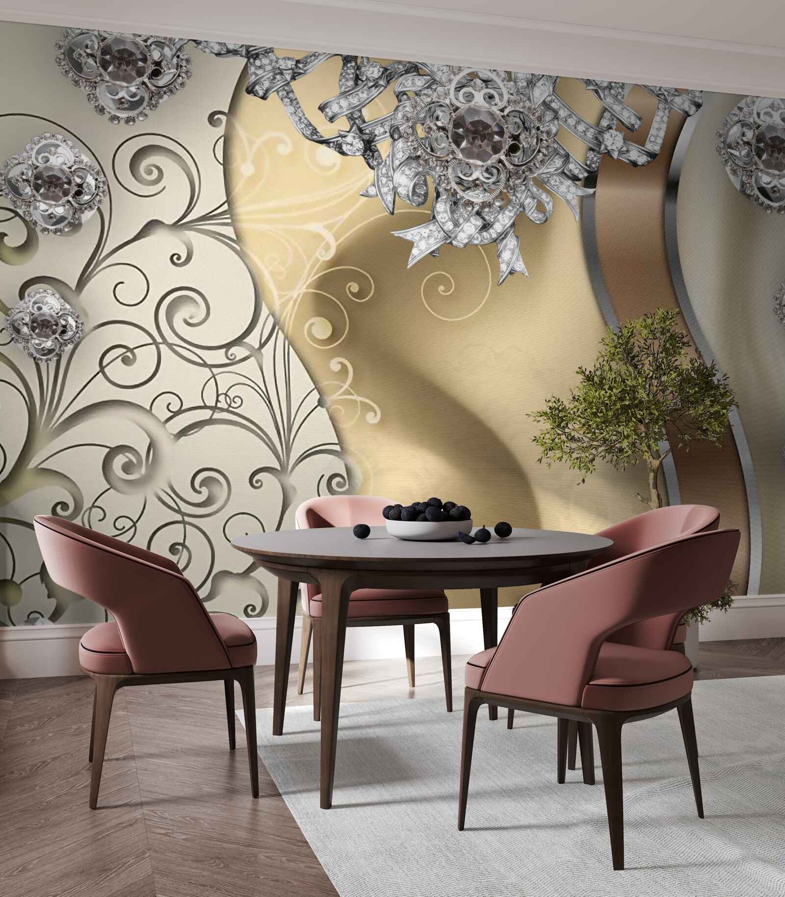 Papier peint fleurs en argent sur or