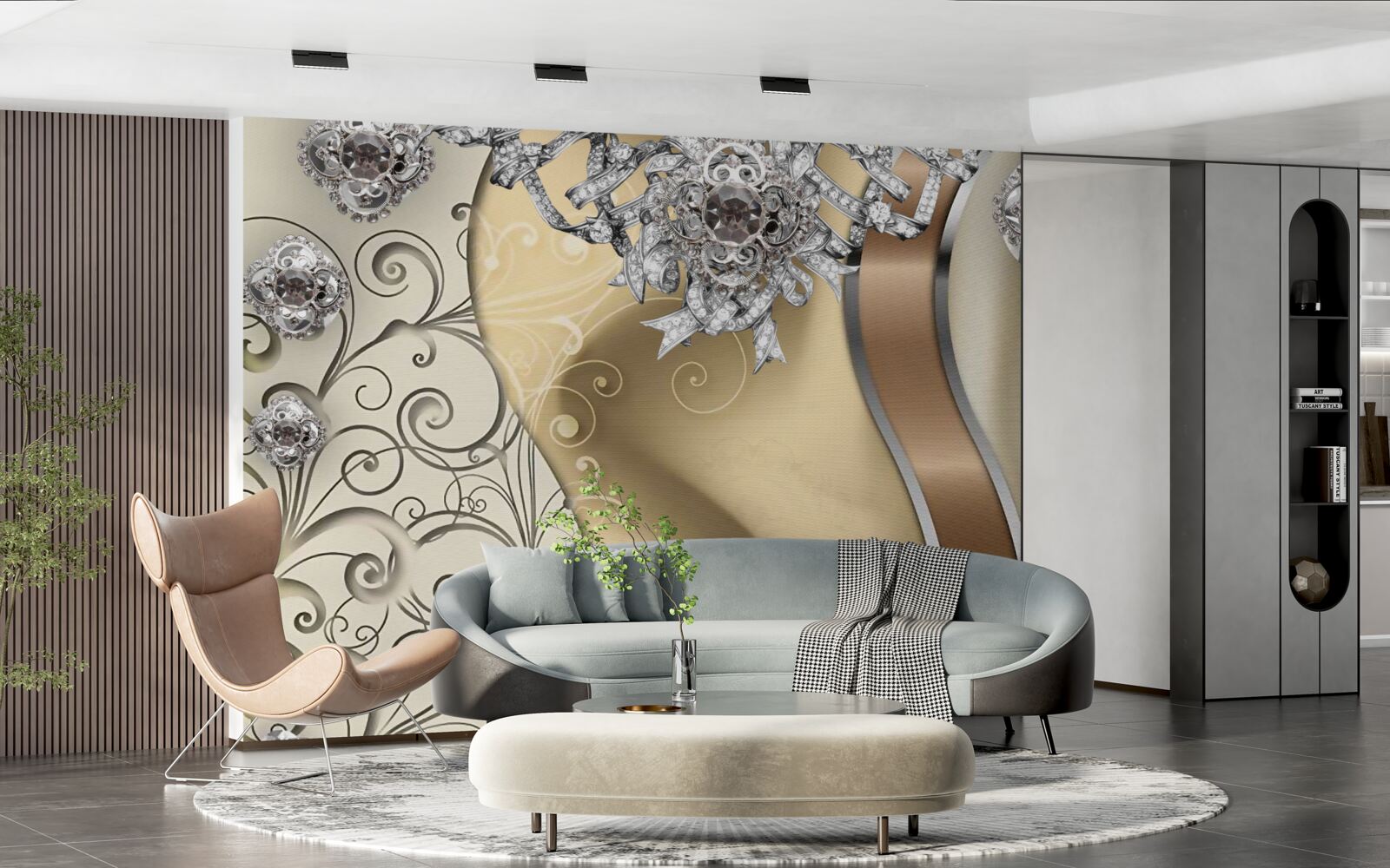 Papier peint fleurs en argent sur or