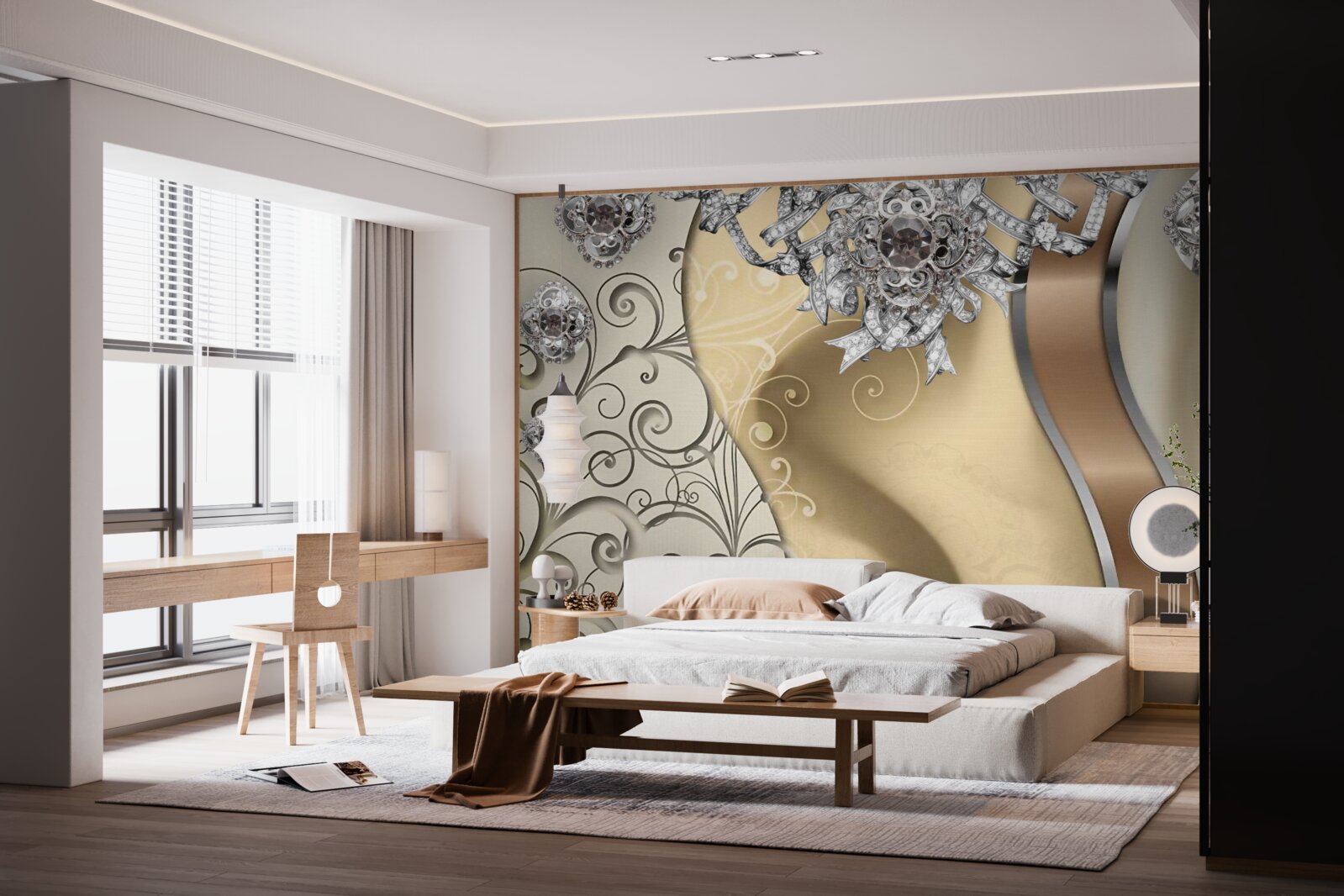 Papier peint fleurs en argent sur or