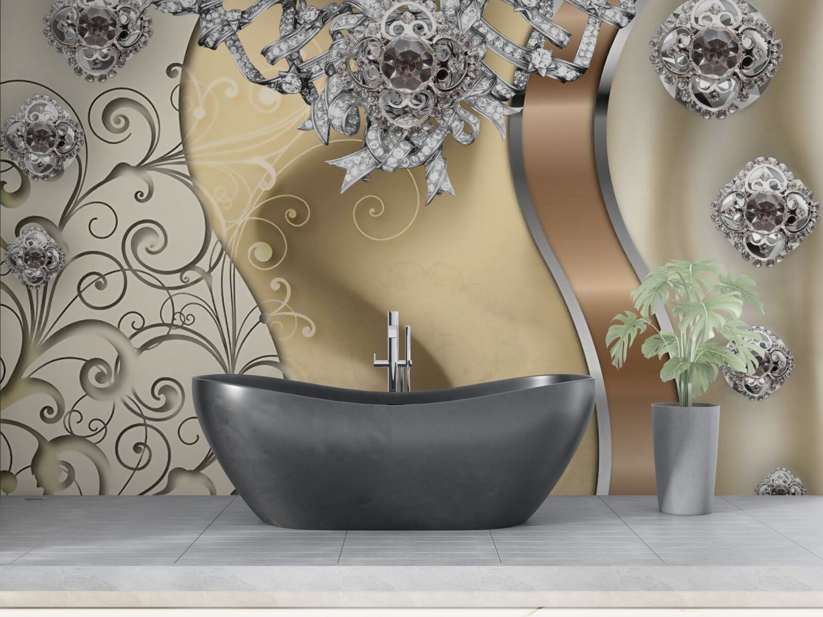 Papier peint fleurs en argent sur or