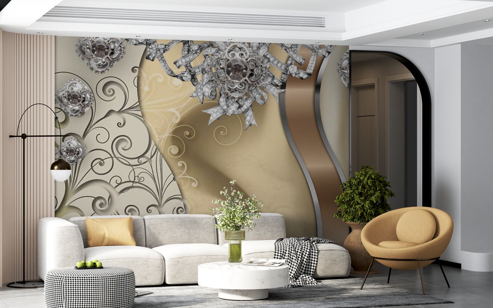 Papier peint fleurs en argent sur or