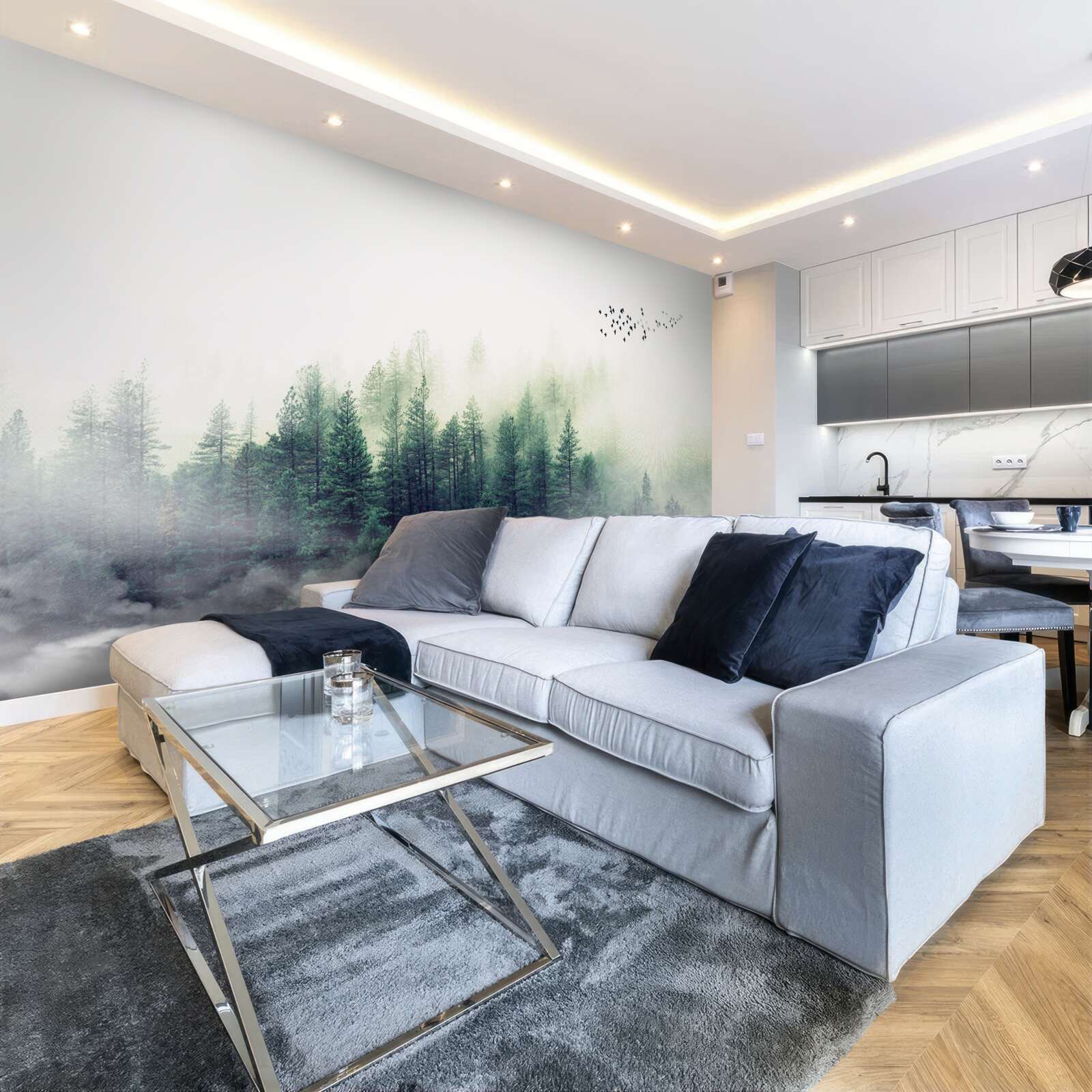 Papier peint la forêt sous les oiseaux est couverte de brume