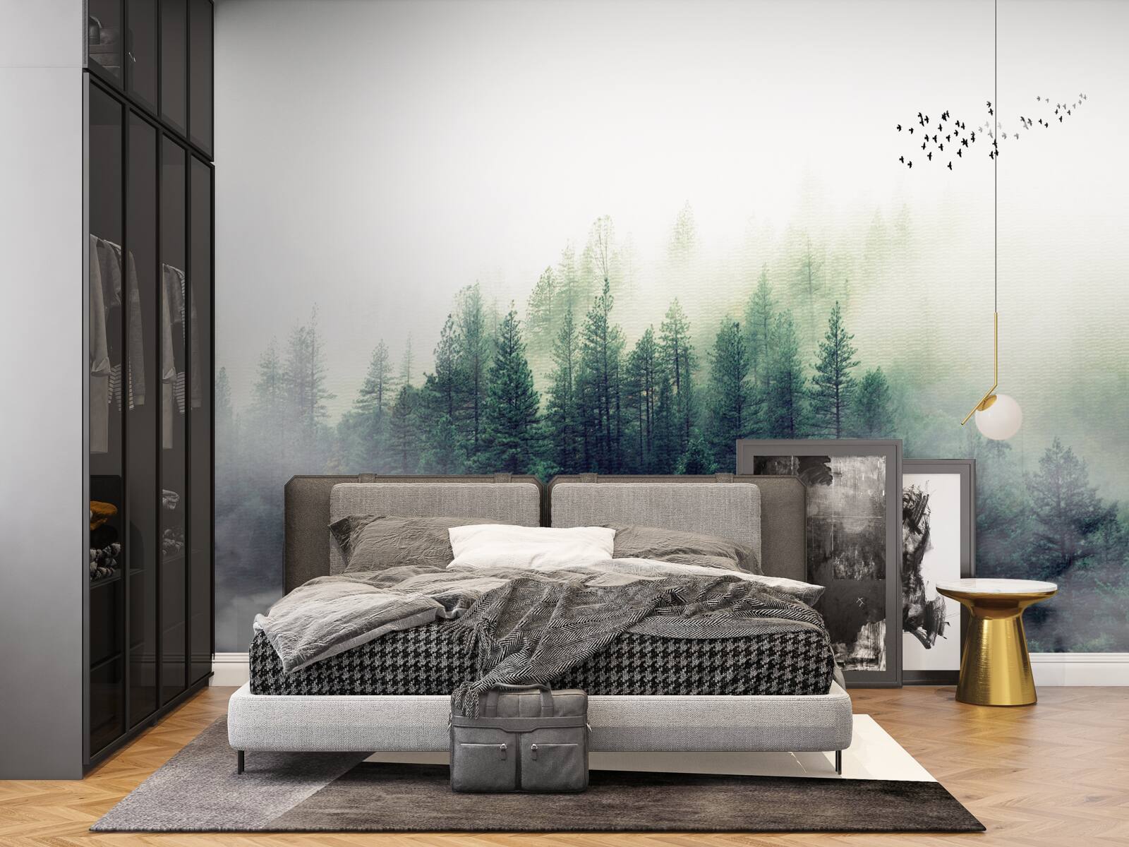 Papier peint la forêt sous les oiseaux est couverte de brume