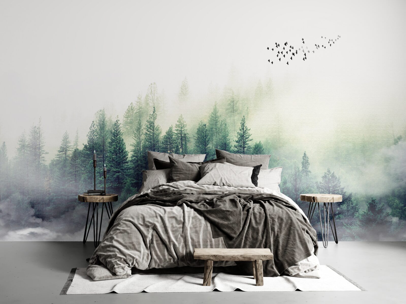 Papier peint la forêt sous les oiseaux est couverte de brume