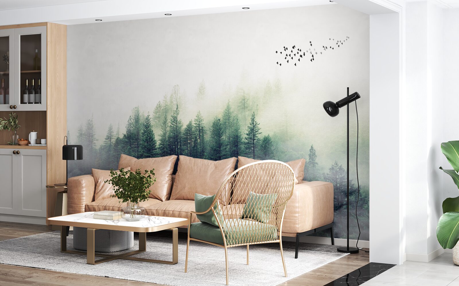 Papier peint la forêt sous les oiseaux est couverte de brume