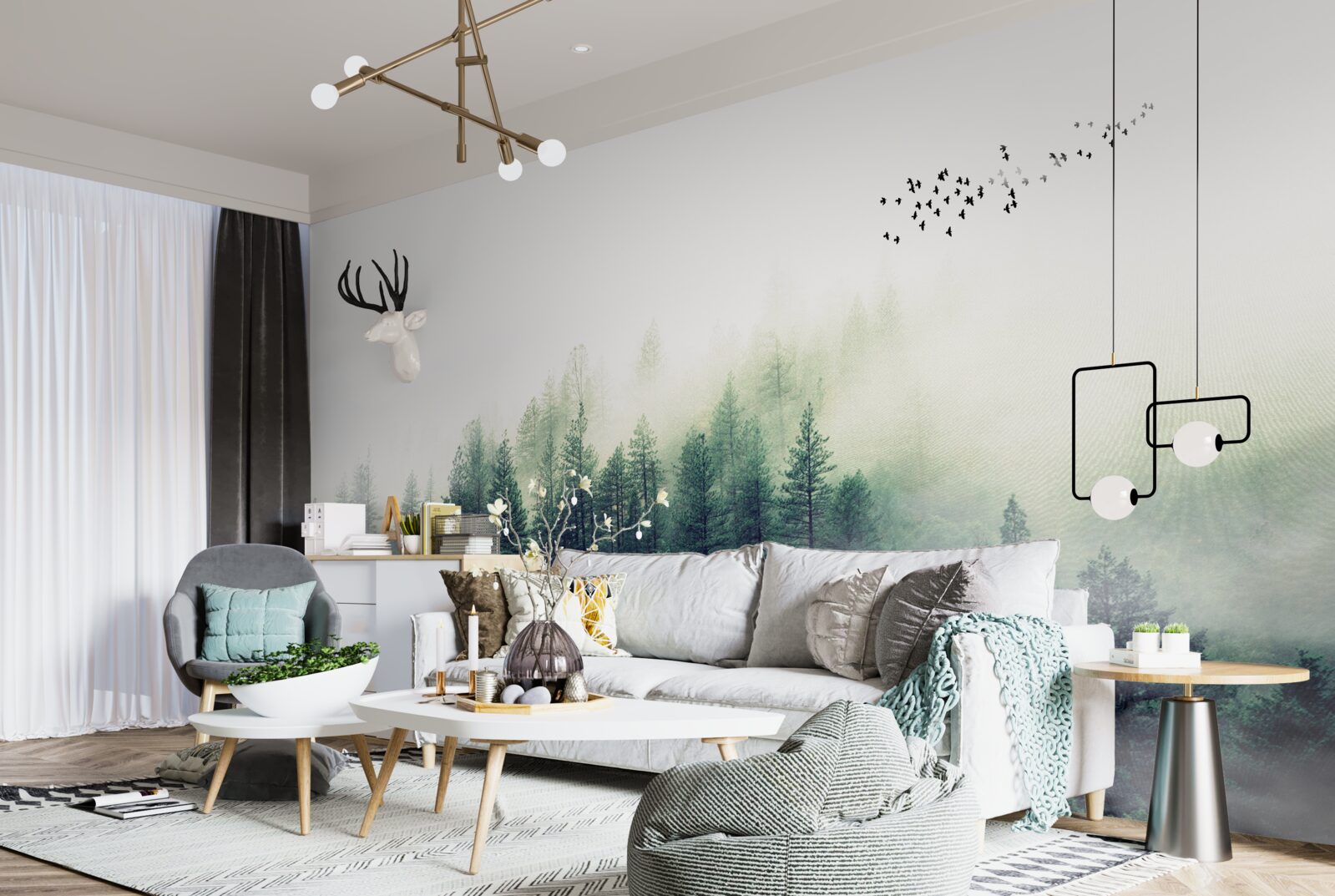 Papier peint la forêt sous les oiseaux est couverte de brume