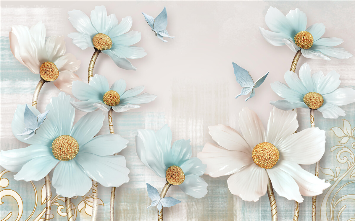 Papier peint grandes fleurs blanches et bleues