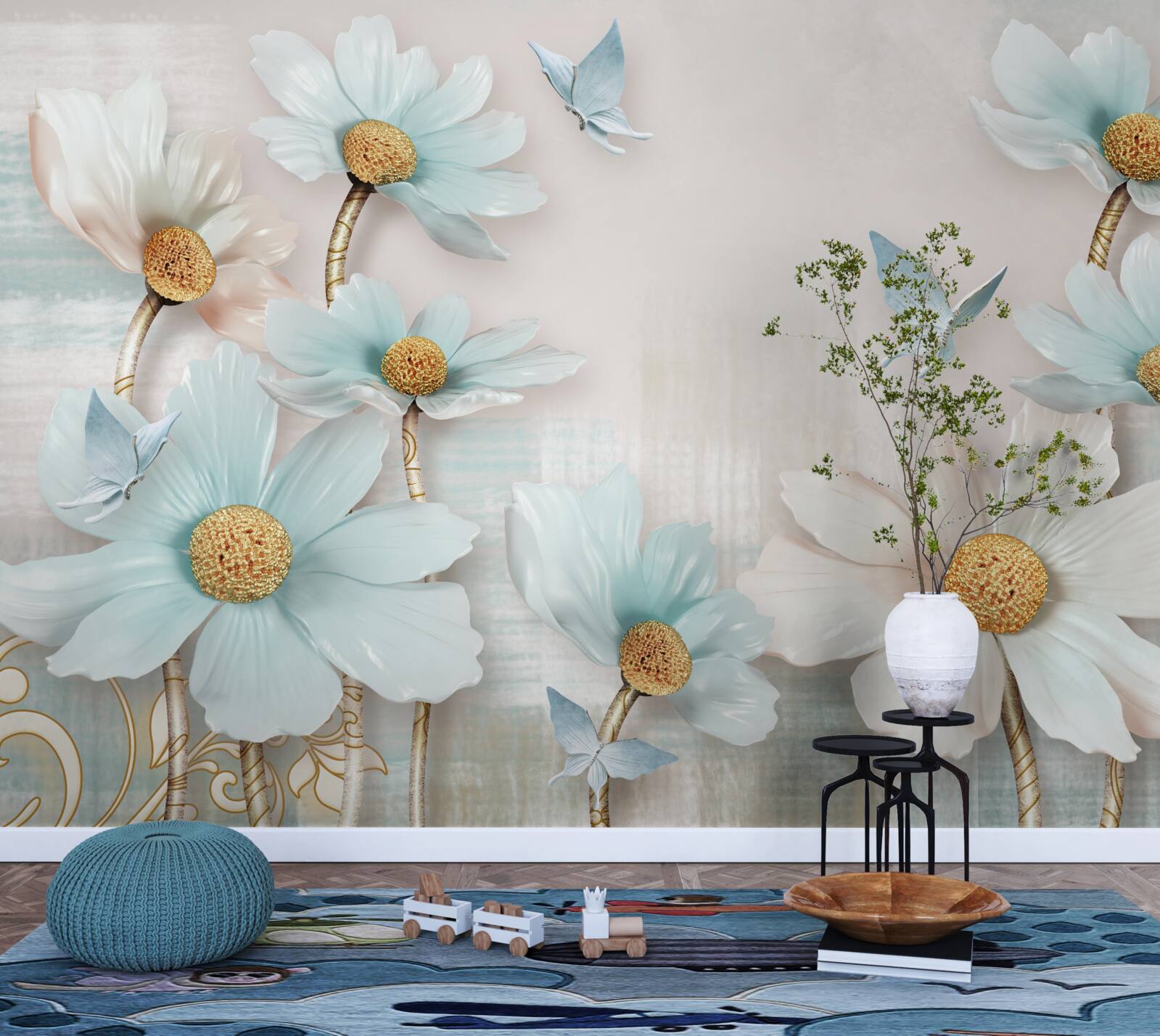 Papier peint grandes fleurs blanches et bleues