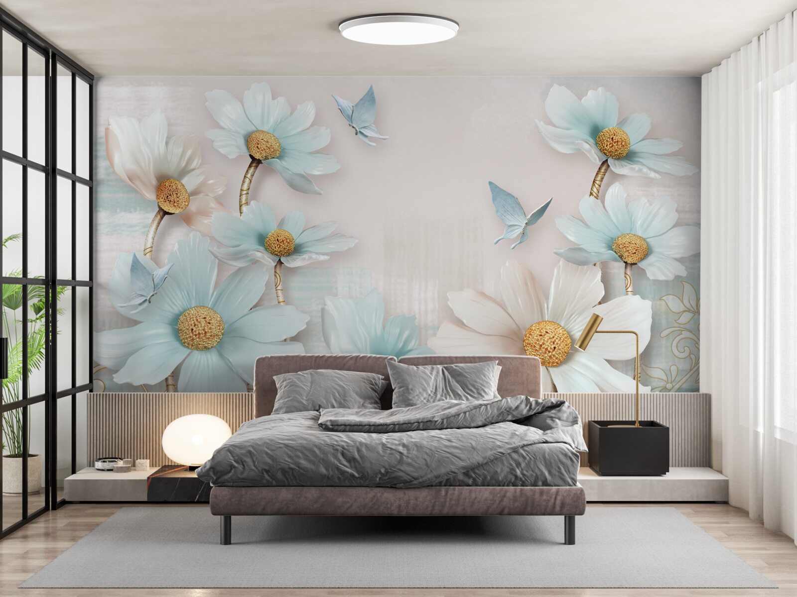 Papier peint grandes fleurs blanches et bleues