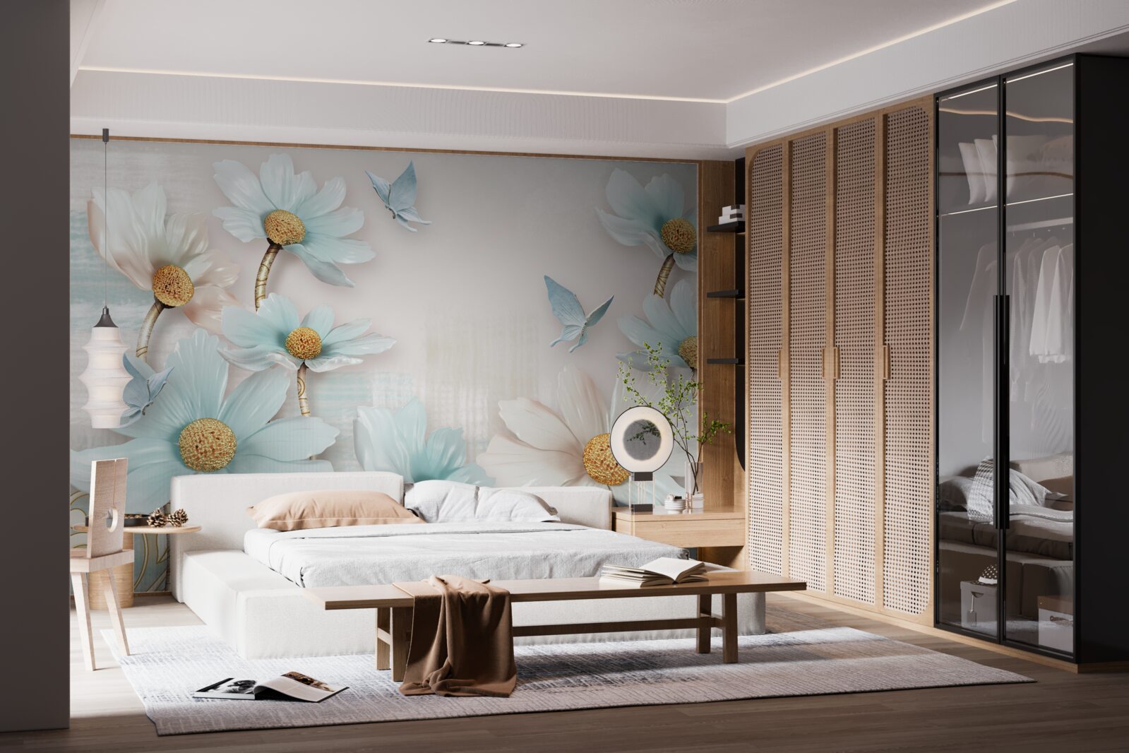 Papier peint grandes fleurs blanches et bleues