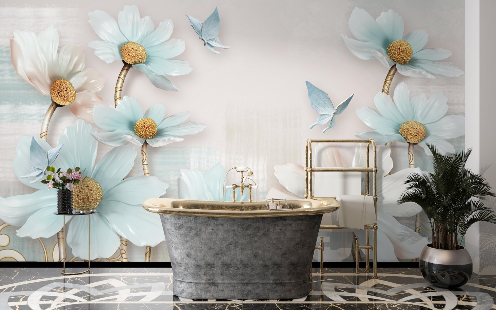 Papier peint grandes fleurs blanches et bleues