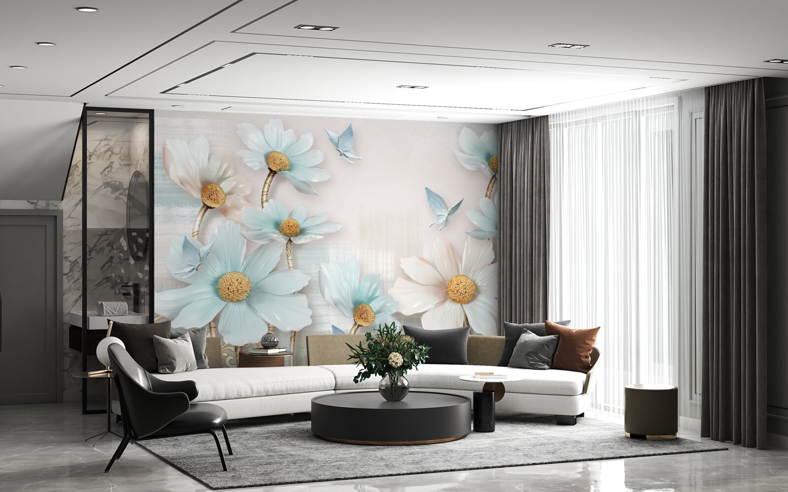 Papier peint grandes fleurs blanches et bleues