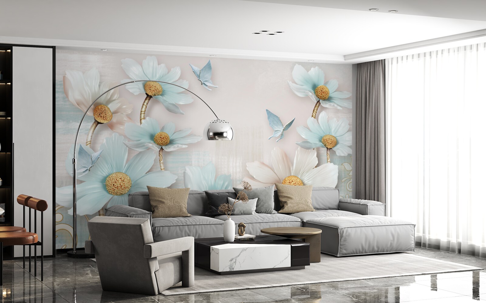 Papier peint grandes fleurs blanches et bleues