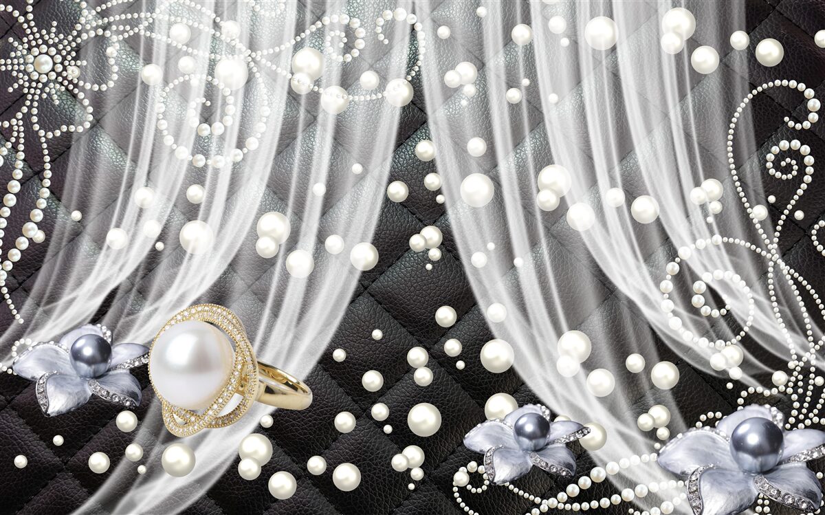 Papier peint décorations dorées et rideaux blancs