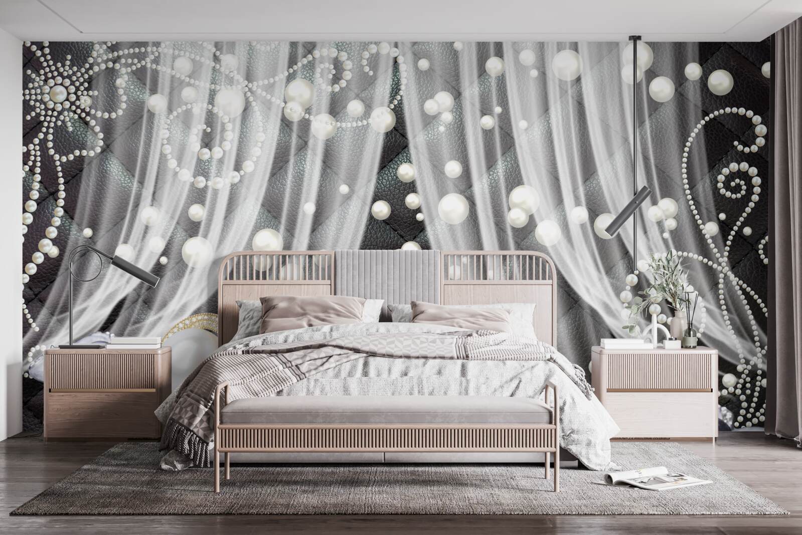 Papier peint décorations dorées et rideaux blancs