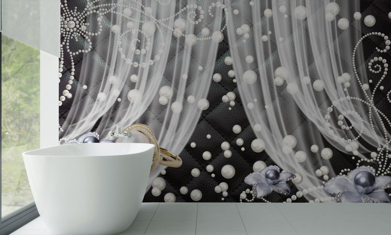 Papier peint décorations dorées et rideaux blancs