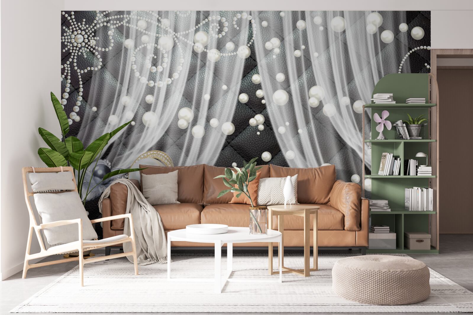 Papier peint décorations dorées et rideaux blancs