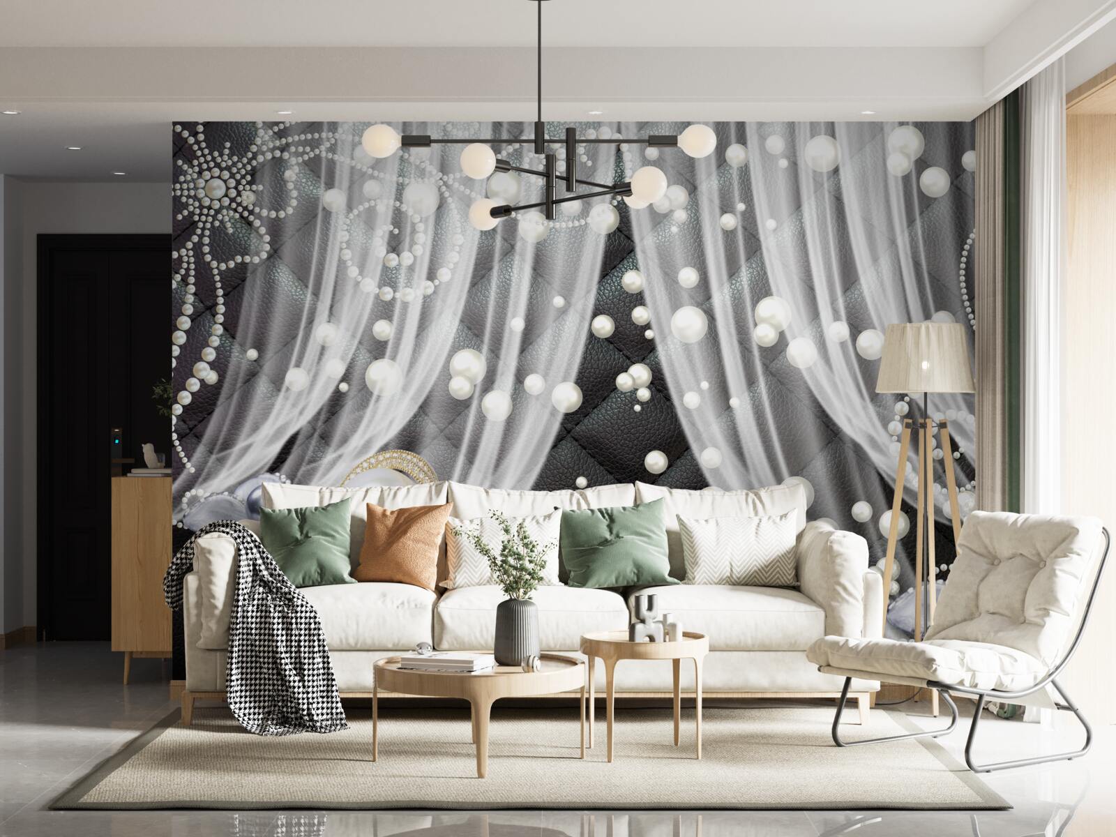 Papier peint décorations dorées et rideaux blancs