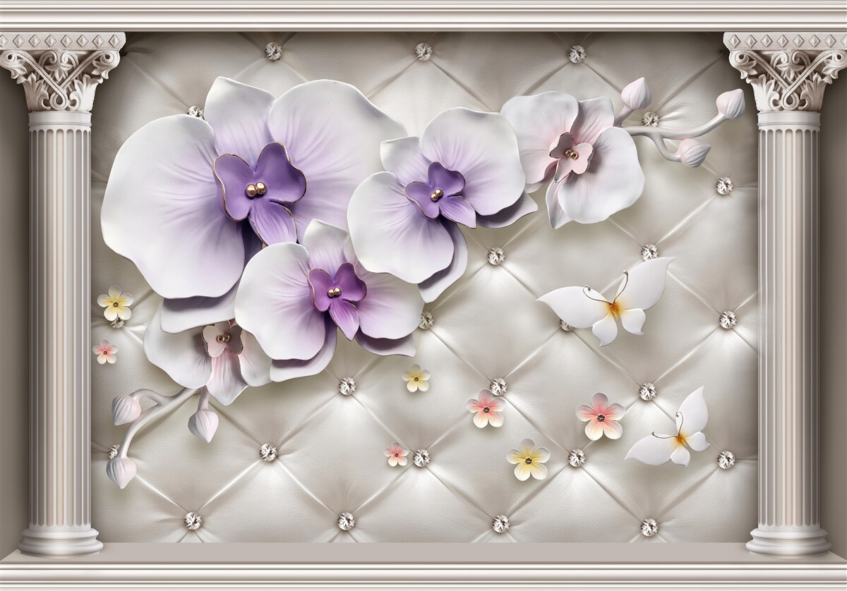 Papier peint Orchidée blanche décorée d'or et de perles