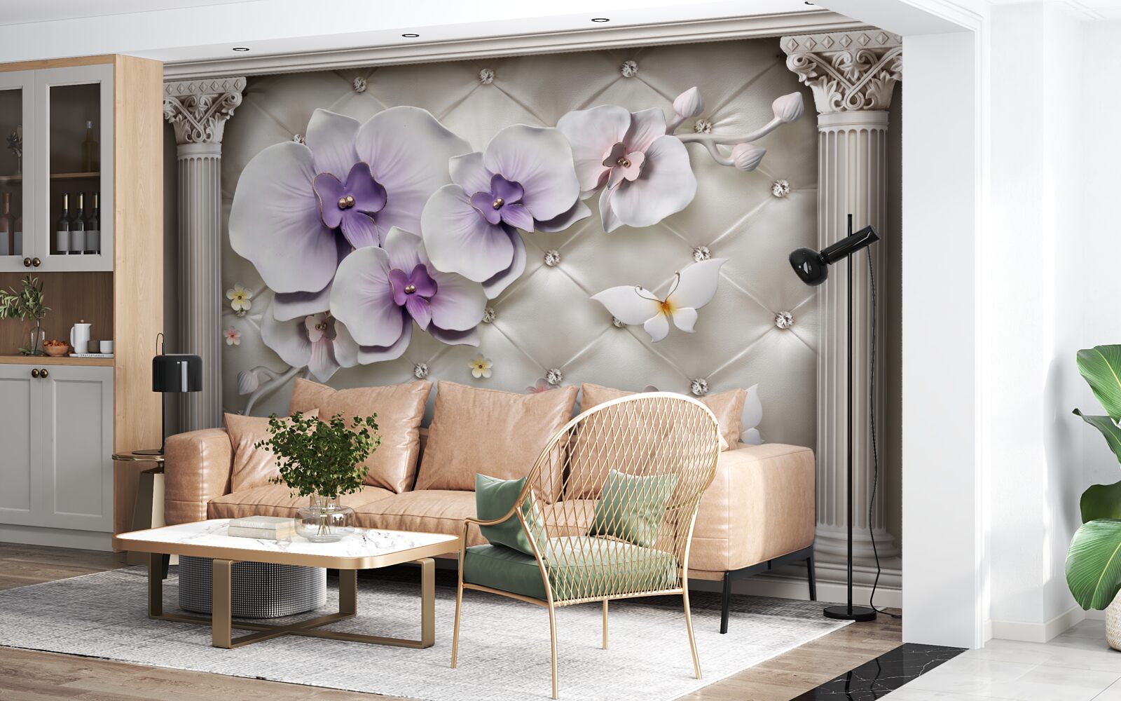 Papier peint Orchidée blanche décorée d'or et de perles